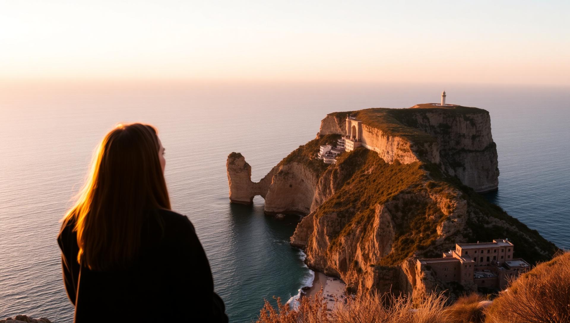 Blick über eine sonnenbeschienene Steilküste am Meer im goldenen Abendlicht