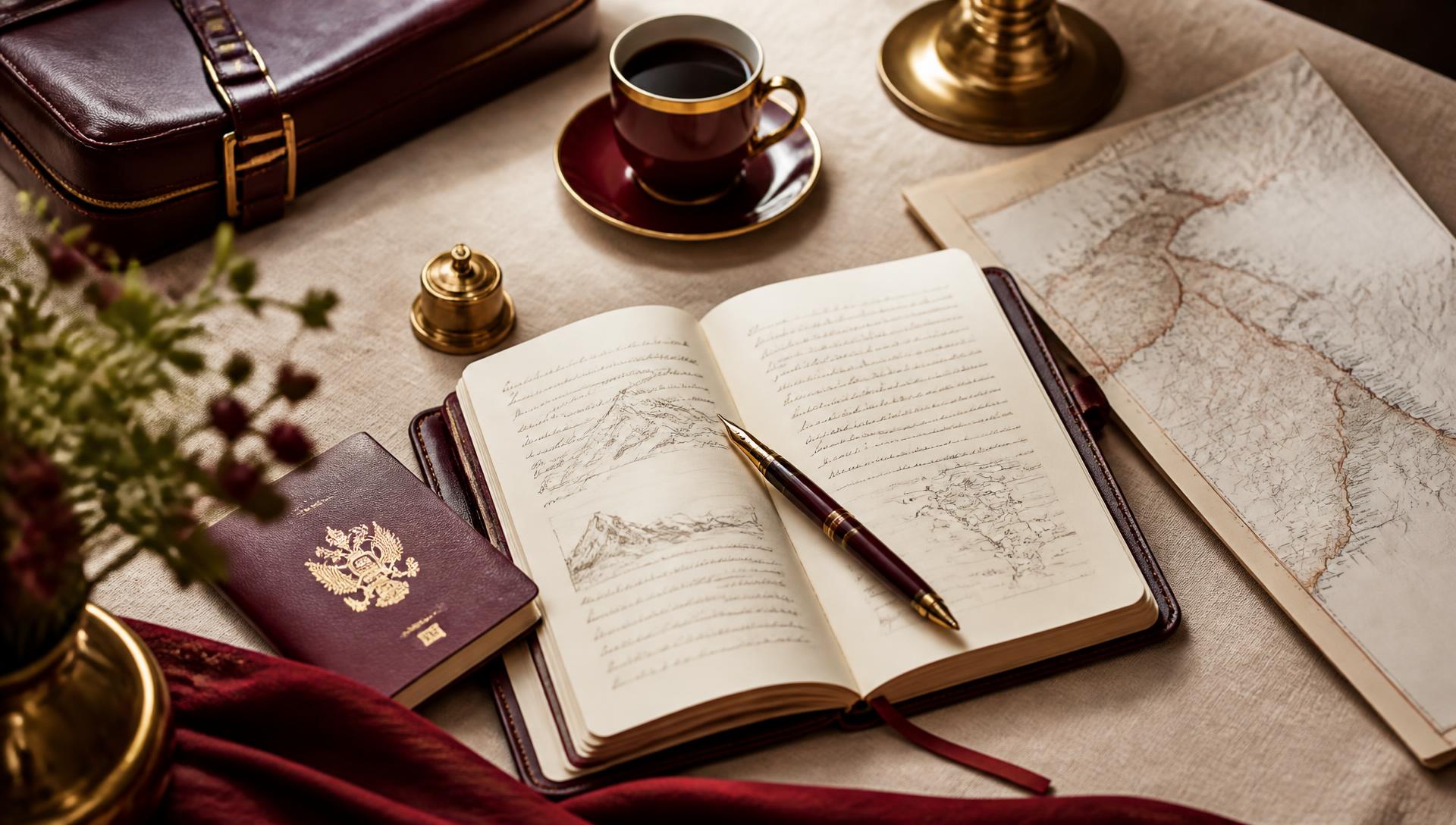 Warm beleuchteter Beratungstisch mit Notizbuch, Reisepass, Füllfederhalter und Kaffeetasse in Bordeaux-Gold-Tönen
