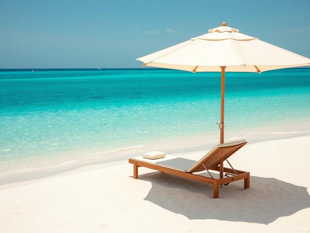 Sonnenliege mit cremefarbenem Sonnenschirm an einem weißen Sandstrand am türkisfarbenen Meer