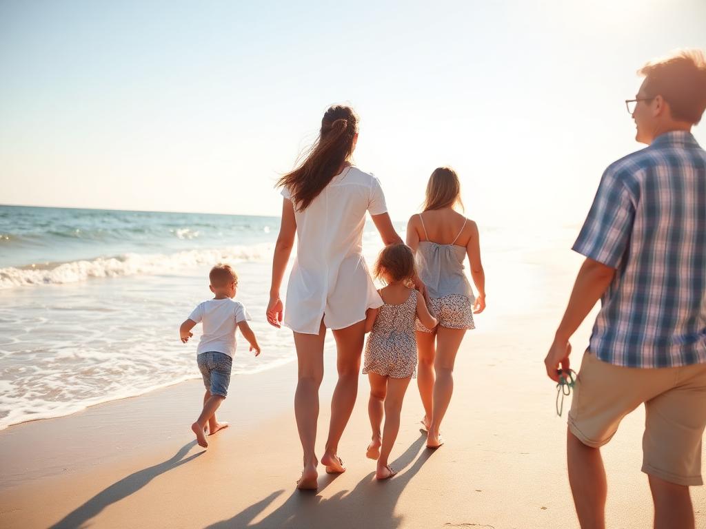 Familie spaziert bei Sonnenlicht am Meeresufer entlang