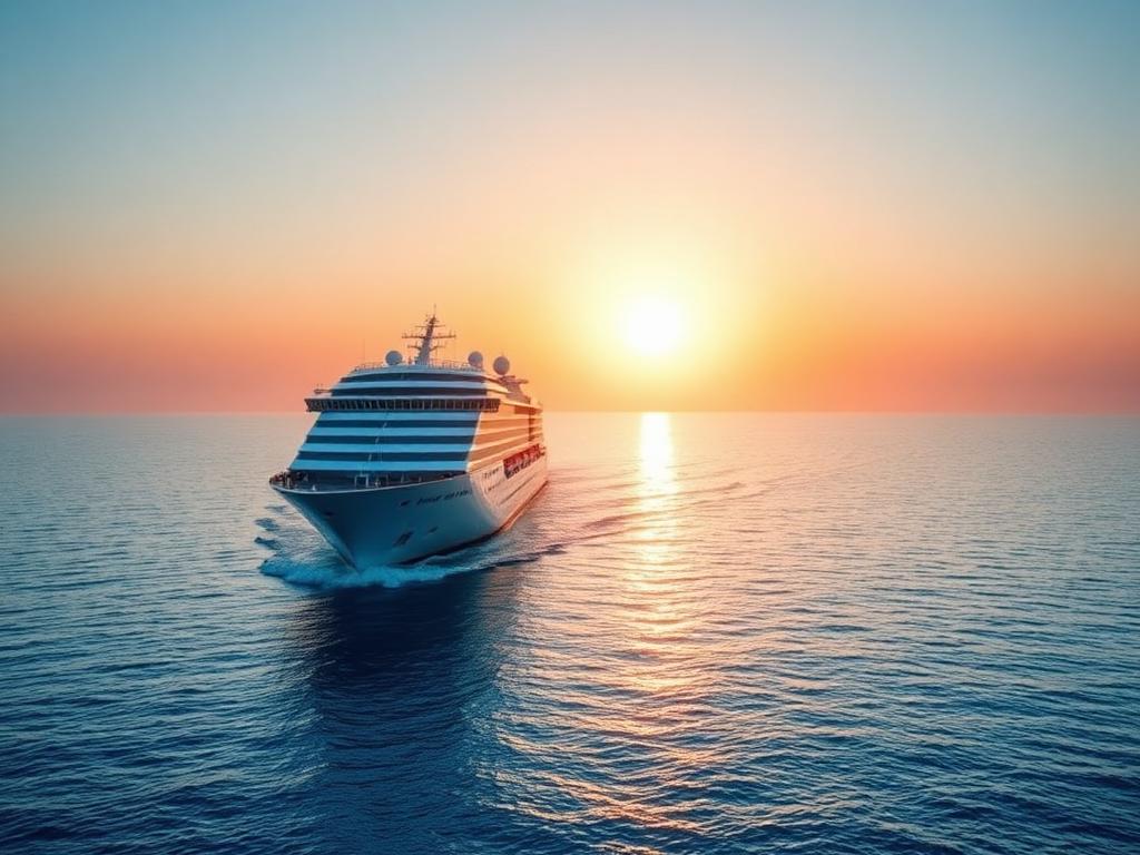 Modernes Kreuzfahrtschiff auf ruhiger See im Abendlicht