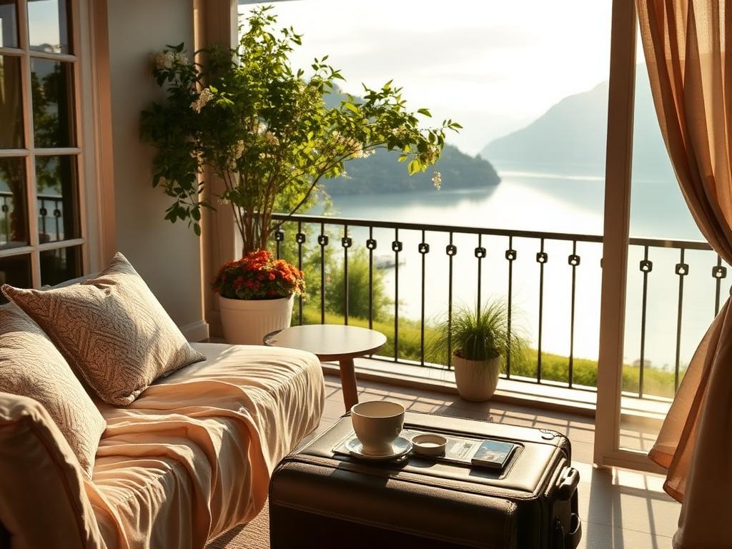 Hotelterrasse mit Seeblick, Kaffeetasse und Koffer im Morgenlicht