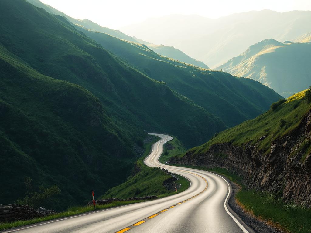 Kurvige Bergstraße durch eine grüne Landschaft im Morgenlicht